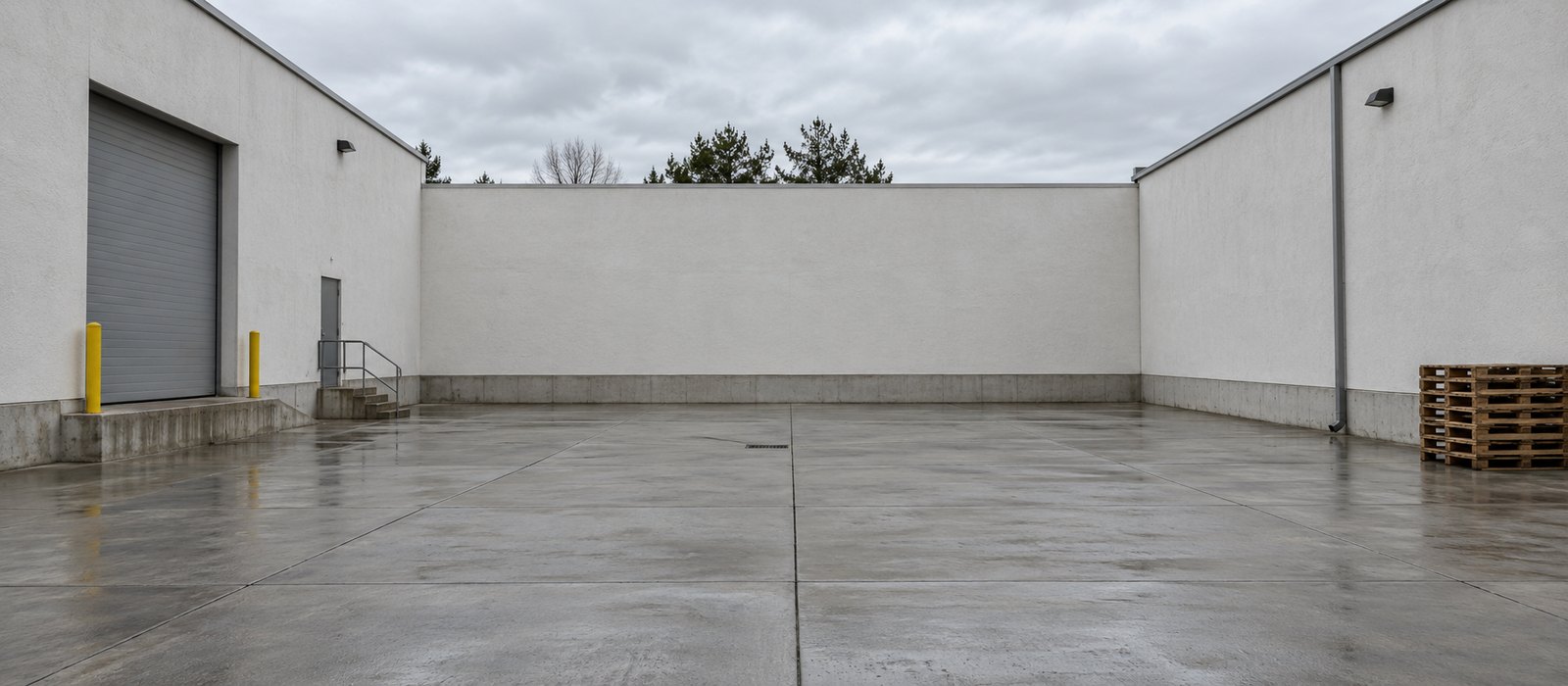 Leerer Ladehof mit blanken Putzflächen, bedeckter Himmel, ohne Schilder