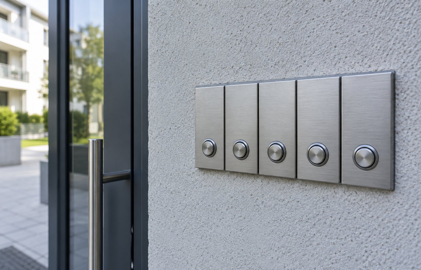 Reihe blanker Klingelbleche ohne Namen an einer hellen Fassade, kühles Tageslicht