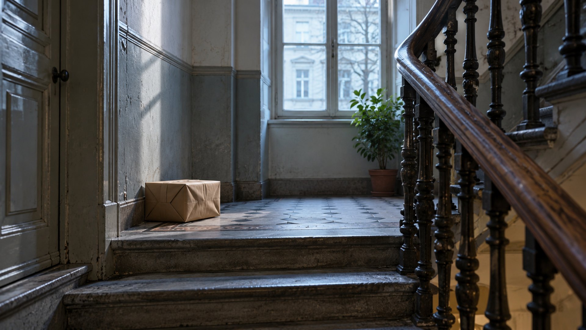 Altbau-Treppenhaus am kühlen Morgen, ein Paket in Kraftpapier auf dem Steinabsatz, abgelaufener Holzhandlauf, ohne Menschen