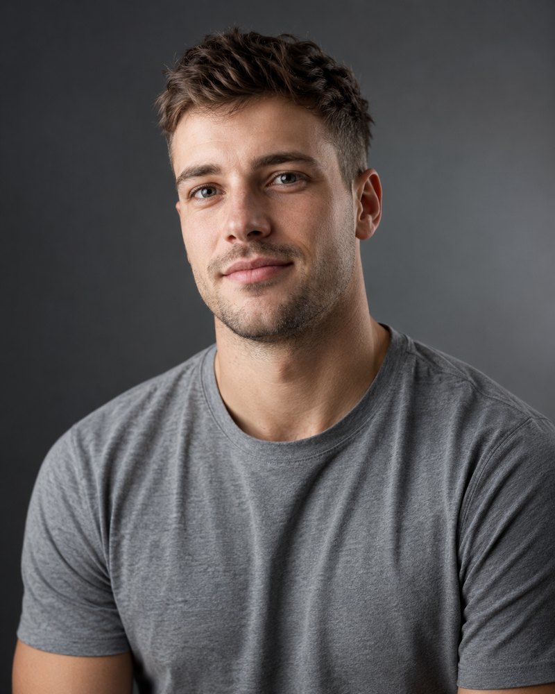 Lars Ott, graues Hemd ohne Druck, kurzes Haar, kühles Studio