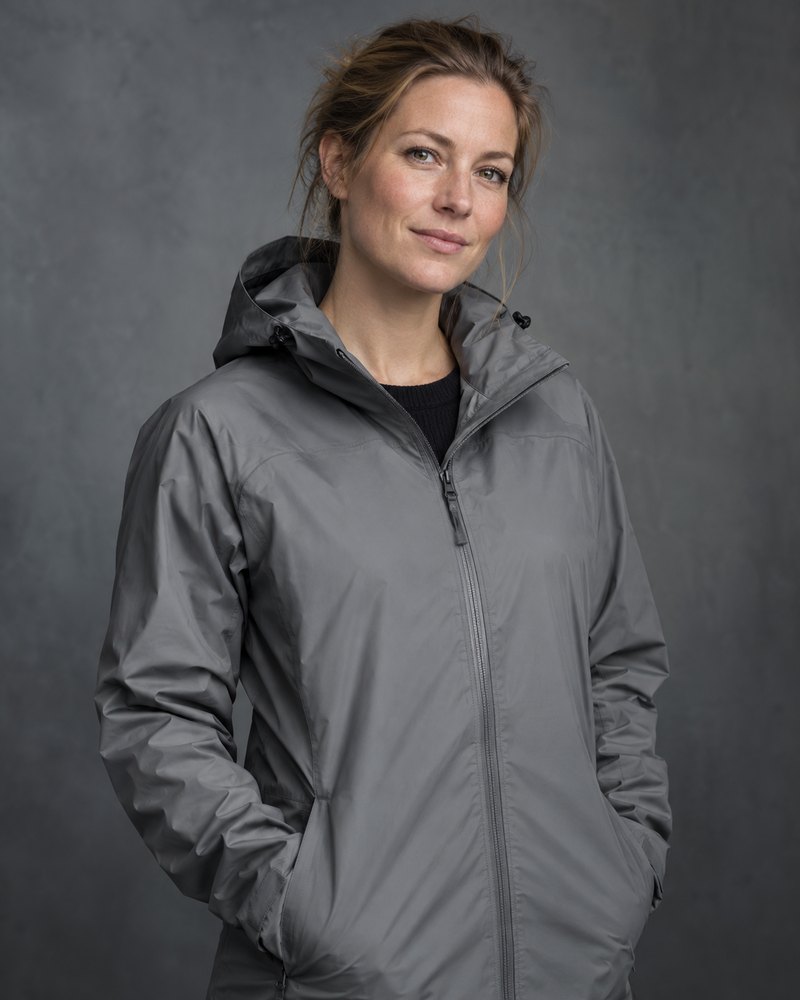 Mira Kehl, graue Regenjacke ohne Marke, kühles Studio