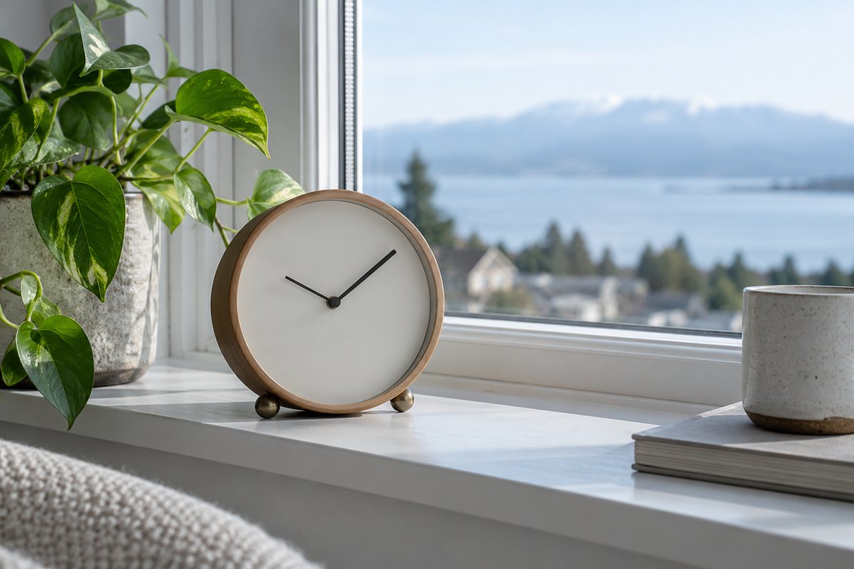 Fensterbank mit analoger Uhr ohne Ziffern, kühles Tageslicht, ohne Schrift