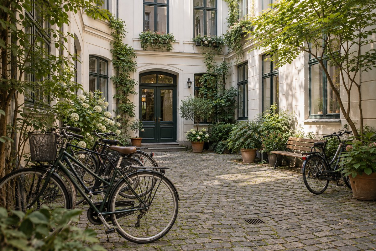 Innenhof eines Altbaus mit Fahrrädern ohne Marken, ohne Menschen, ohne Schilder