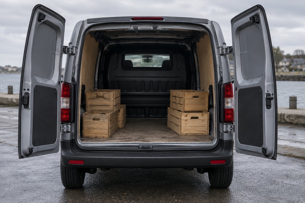 Offene Heckklappen eines unmarkierten grauen Wagens, leere Holzkisten, bedeckt, ohne Logos